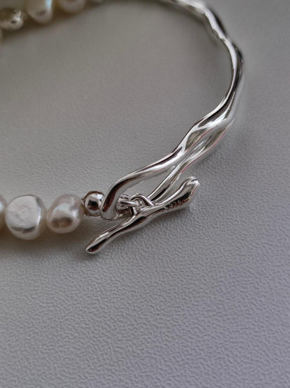 Pulsera perla natural de agua dulce y plata de ley S925 baño de oro 18K